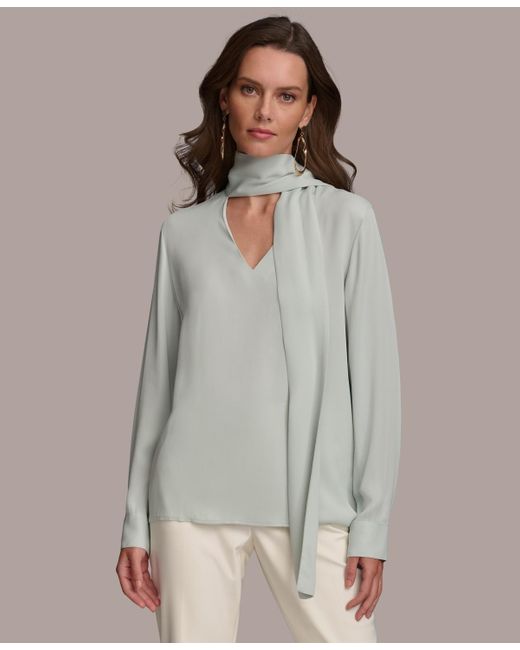Donna Karan Gray Long Sleeve Tie-neck Blouse