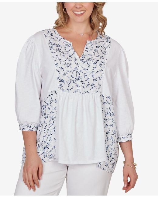 Ruby Rd White Plus Size Mixed Fabric Sharkbite Knit Top