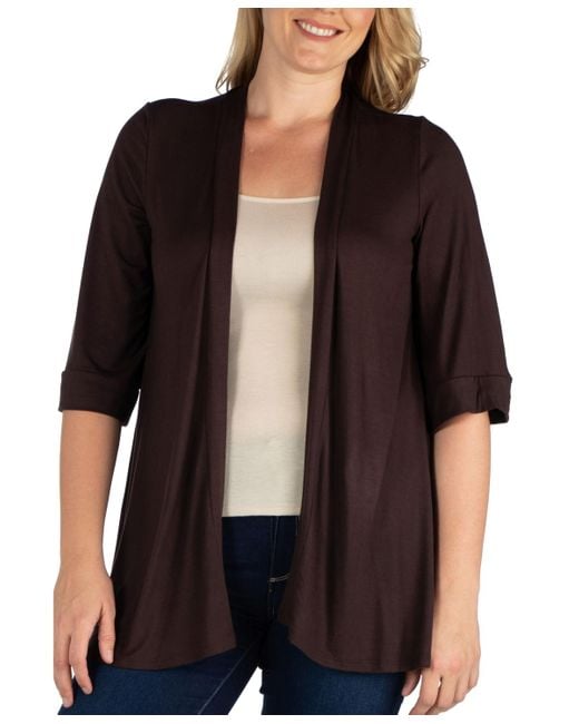 24seven Comfort Apparel Black Plus Size Elbow Length Open Front Cardigan Sweater