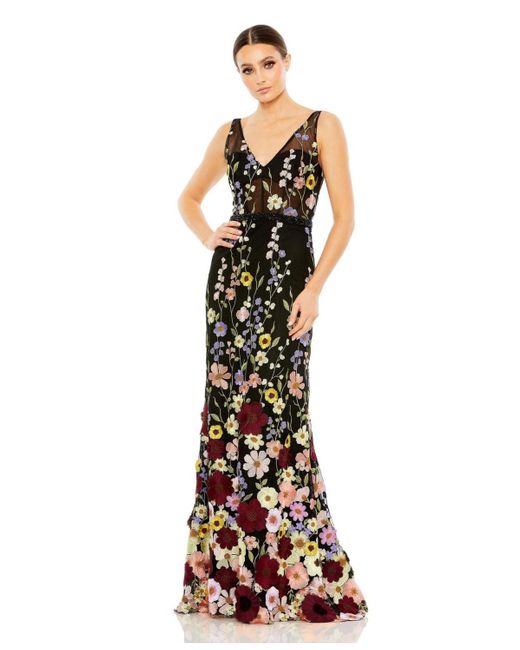 Mac Duggal Metallic Embroidered Tulle Sleeveless V Neck Gown
