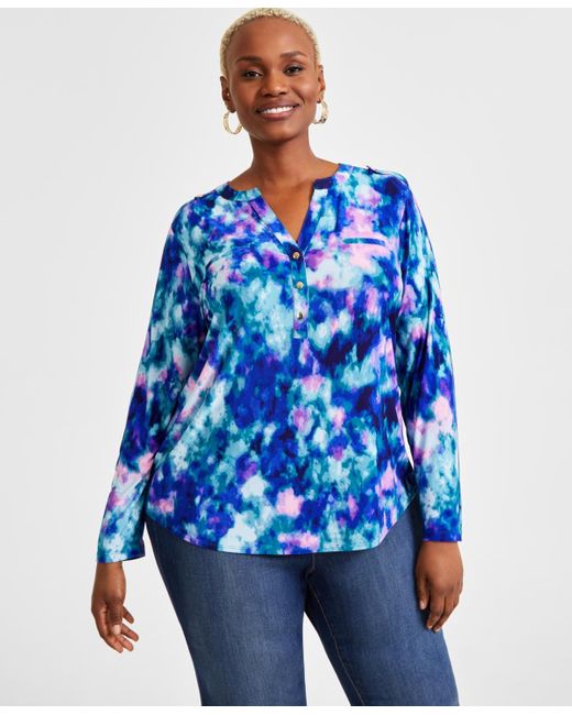 INC International Concepts Blue Plus Size Printed Long-sleeve Top