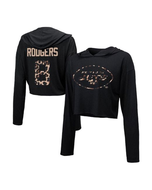 Majestic Threads Aaron Rodgers Black New York Jets Leopard Player Name And  Number Long Sleeve Cropped Hoodie T-shirt