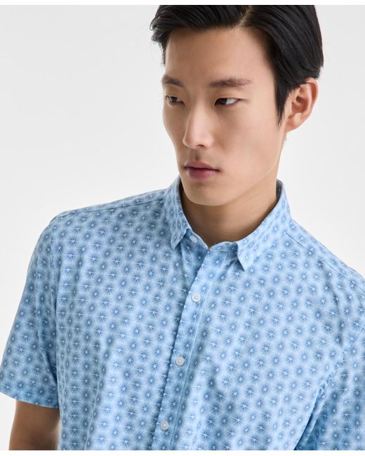 Alfani Blue Kaleidoscope Short Sleeve Geo Print Button-front Performance Shirt for men