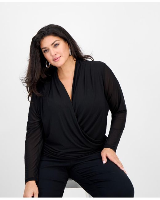 INC International Concepts Black Plus Size Mesh Draped Top