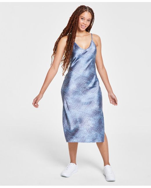 Calvin Klein Blue Quakes Charmeuse Bias Slip Dress