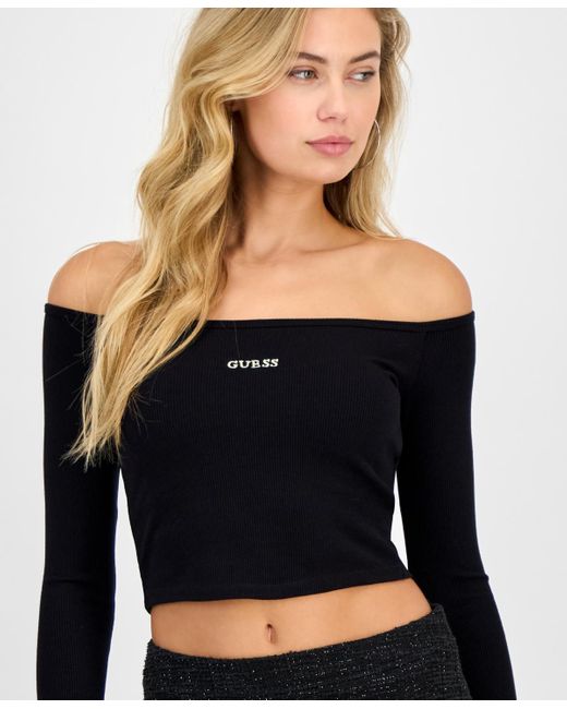 Guess Black Carla Off-the-shoulder Ribbed Top