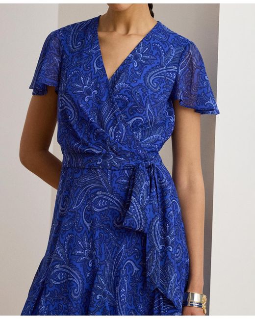 Ralph Lauren Blue Crinkled Surplice Dress