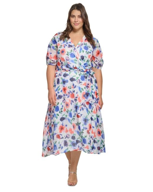 DKNY Plus Size V-neck Ruched-sleeve Floral Chiffon Dress in Blue | Lyst