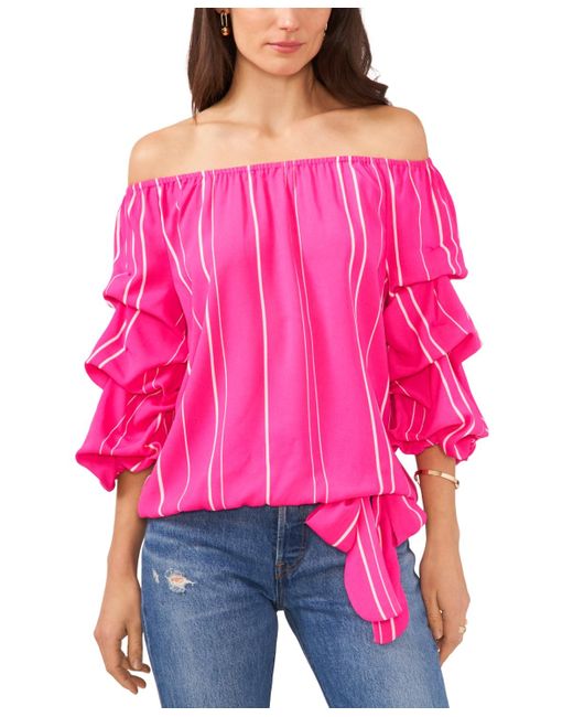 Vince Camuto Red Striped Off The Shoulder Bubble Sleeve Tie Front Blouse