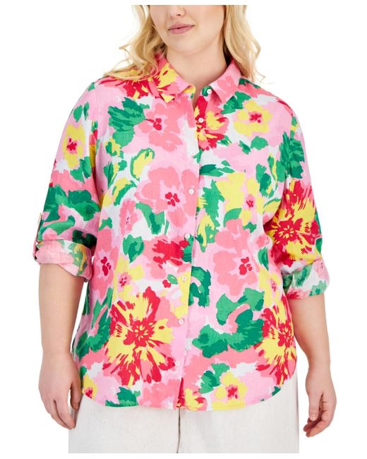 Charter Club Red Plus Size Linen Floral-print Roll-tab Shirt