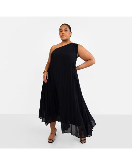 Rebdolls Black Plus Size Desiree Chiffon Pleated One Shoulder Maxi Shift Dress