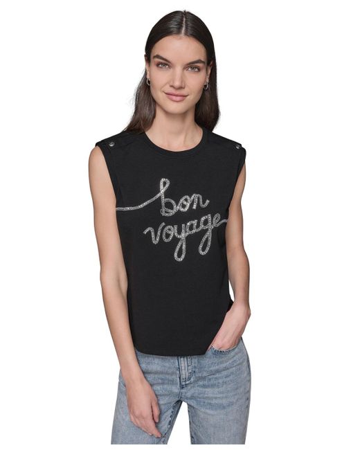 Karl Lagerfeld Black Embellished Sleeveless Button-shoulder Tee