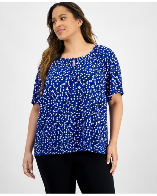 Anne Klein Blue Plus Size Keyhole-cutout Flutter-sleeve Top