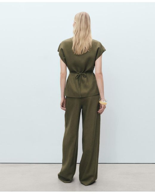 Mango Green Linen-blend Straight-fit Pants