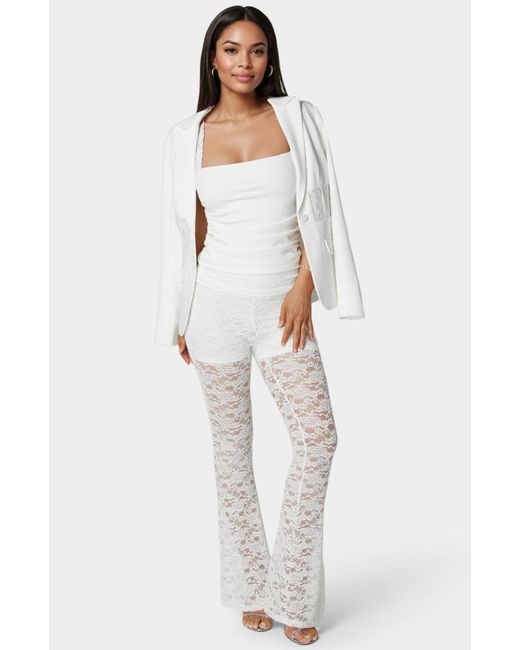 Bebe White Shirring Lace Sleeve Top