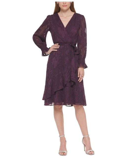 Jessica Howard Petite Ruffled Chiffon Belted Dress in Purple Lyst