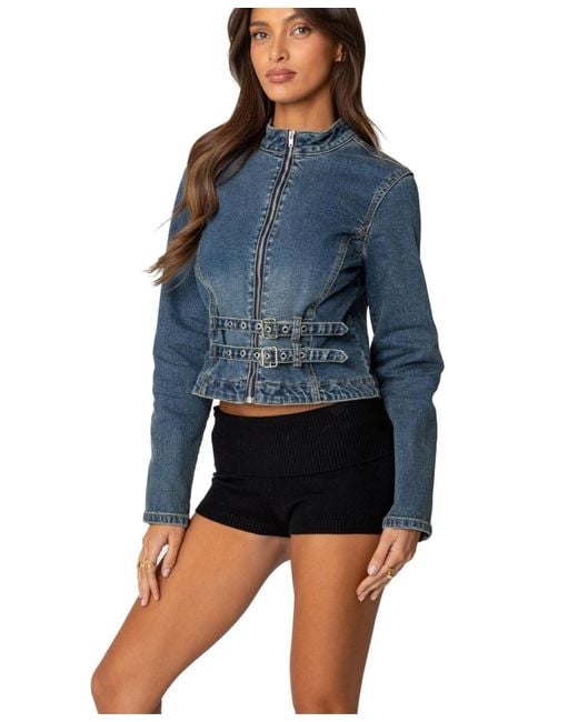 Edikted Blue Double Buckle Denim Jacket