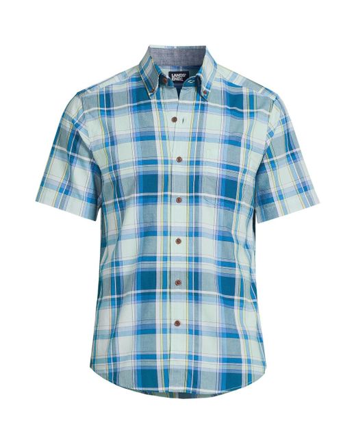 Lands' End Blue Traditional Fit Short Sleeve Madras Shirt for men
