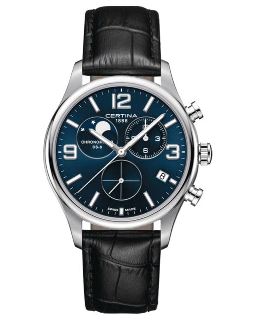 Certina Swiss Chronograph Ds8 Moon Phase Black Leather Strap Watch