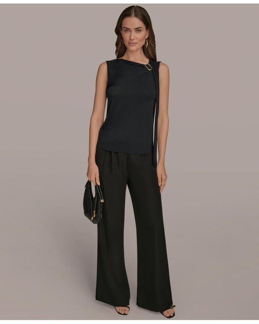 Donna Karan Black Sleeveless Drape-front Top
