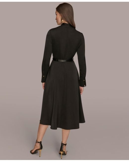 Donna Karan Black Satin V-neck Belted A-line Midi Dress
