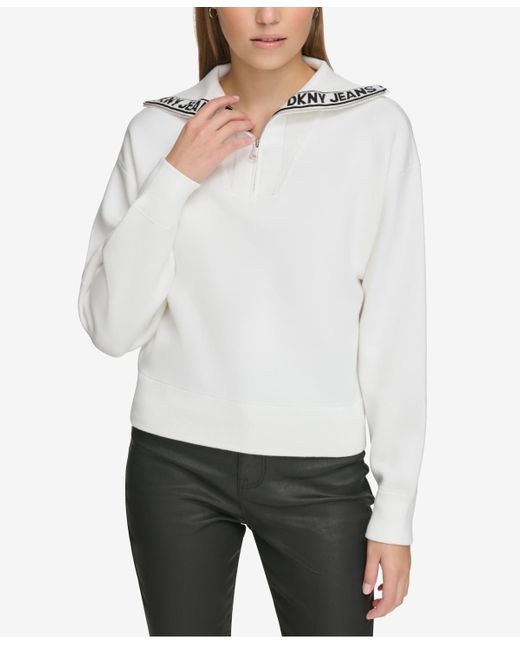 DKNY White Half-zip Funnel-neck Logo-detail Sweater