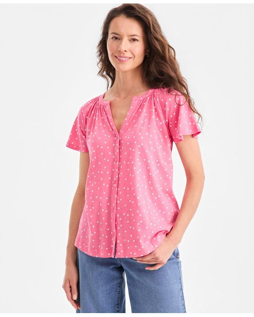 Style & Co. Pink Printed Split-neck Button-front Top