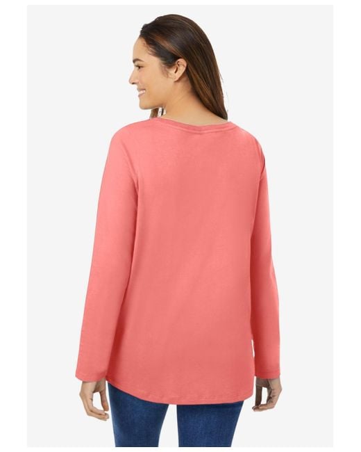 Woman Within Pink Plus Size Perfect Long-sleeve V-neck Tee