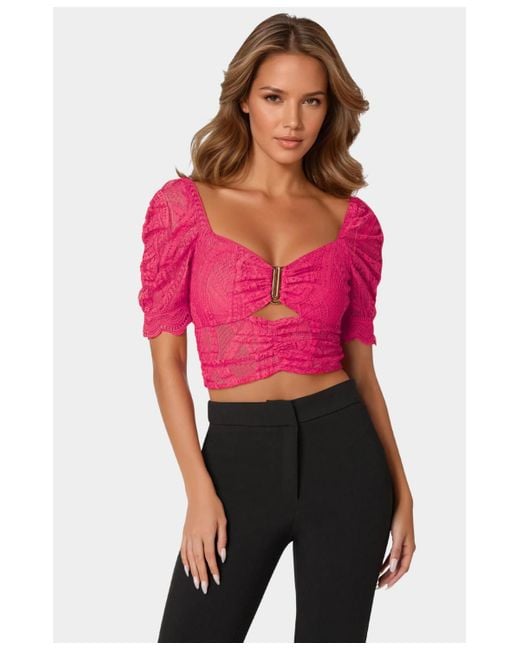 Bebe Red Puff Sleeve Lace Top