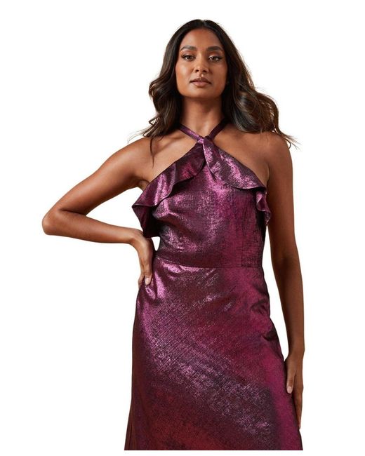 Oasis Red Foil Halterneck Ruffle Foil Midaxi Dress