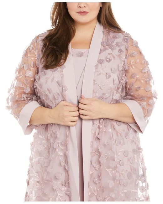 R & M Richards Pink Plus Size 3d Floral Mesh Jacket & Necklace Dress Set