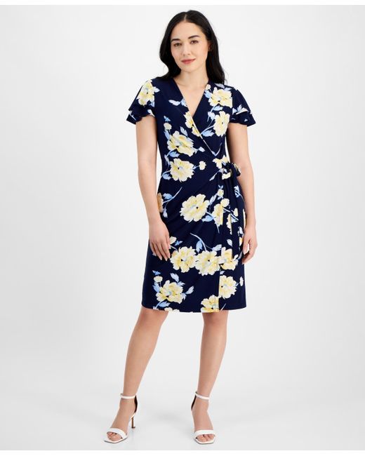 Anne Klein Blue Petite Printed Flutter-sleeve Faux-wrap Dress