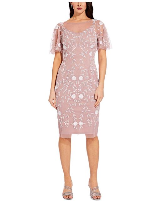Adrianna Papell Pink Embellished Flutter-sleeve Sheath Dress