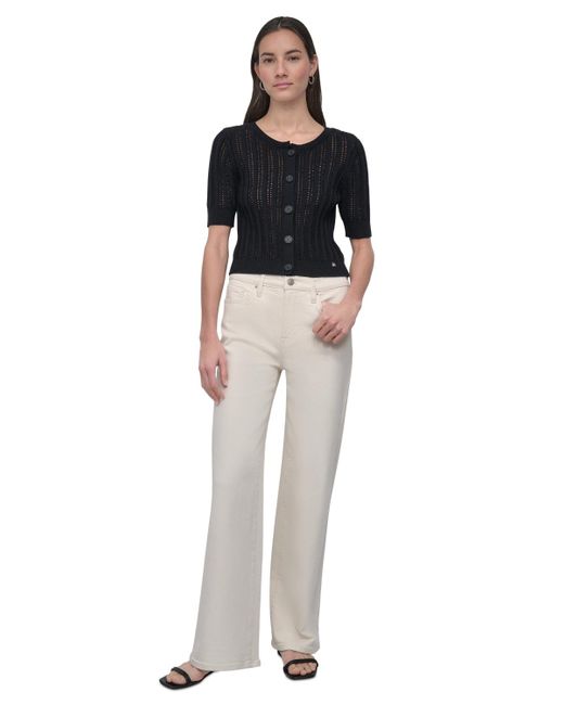 DKNY Black Crewneck Short-sleeve Cardigan Cable Pointelle Cardigan Sweater