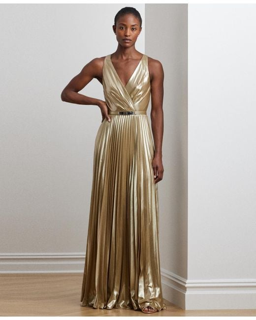 Ralph Lauren Natural Belted Metallic Chiffon Surplice Gown