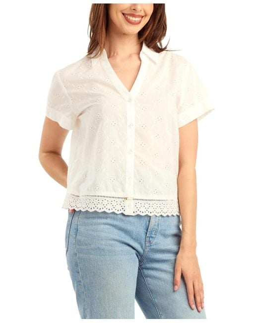 Bcx White Mini Floral Eyelet Collared Top