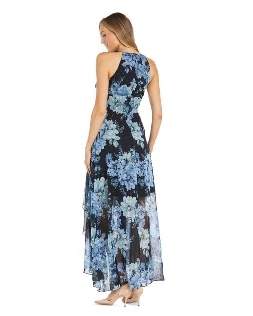 R & M Richards Blue Floral-print Keyhole Maxi Dress