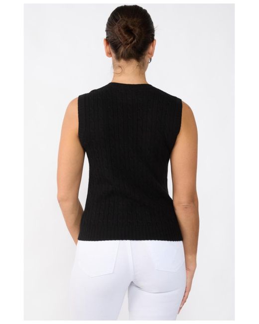 Jennie Liu Women's Black 100% Cashmere V Neck Cable-knit Sweater Vest