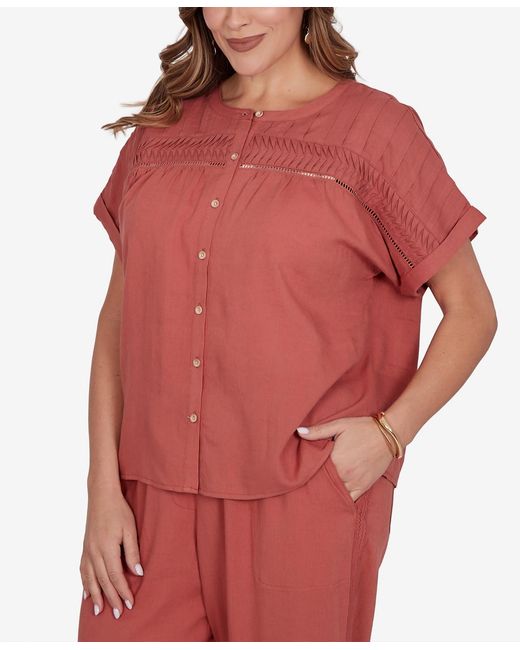 Ruby Rd Red Plus Size Lightweight Pleated Short-sleeve Top