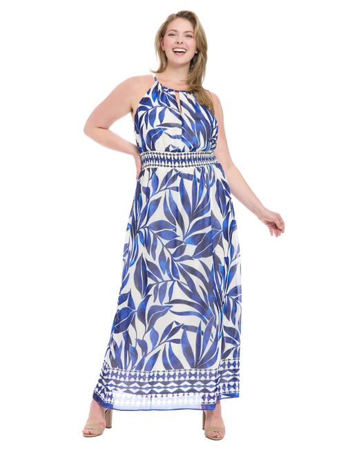 London Times Women's Blue Plus Size Printed Halter-neck Maxi Dress