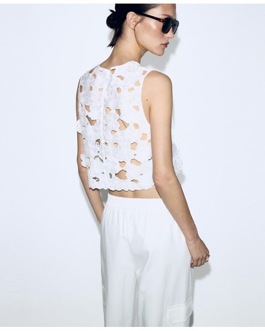 Mango White Openwork Embroidery Top