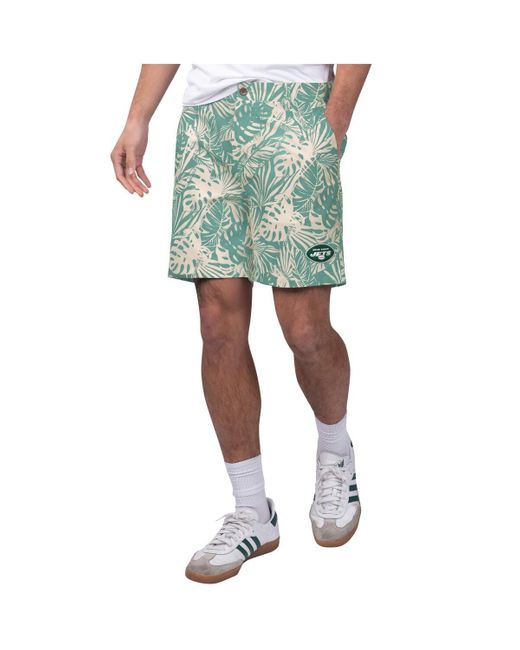 Margaritaville Green New York Jets Sandwashed Monstera Print Amphib Shorts for men