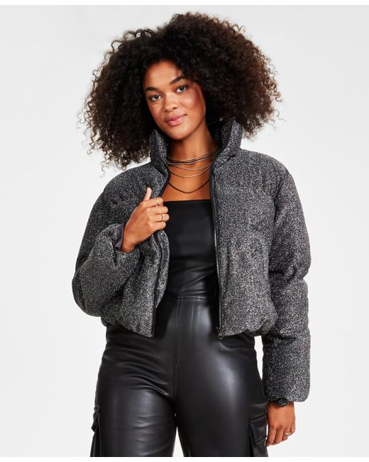Bar Iii Sparkle Cropped Puffer Jacket in Gray | Lyst