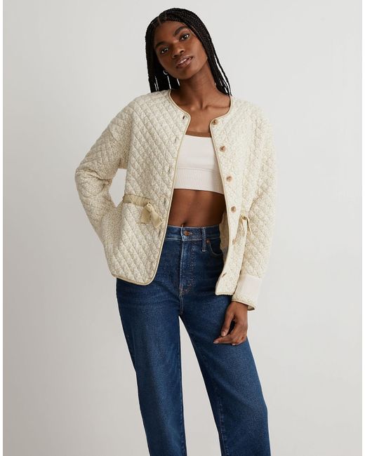 MW Blue Quilted Jacquard Snap-front Collarless Jacket In Daisy Blooms