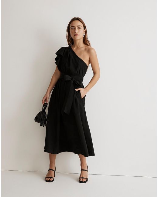 MW Black Ruffled One-shoulder Midi Dress