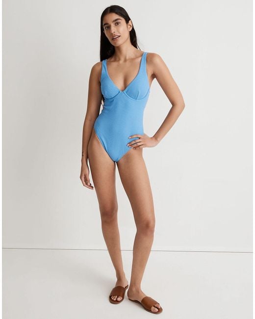 MW Blue Ribbed Underwire Open-back One-piece Swimsuit