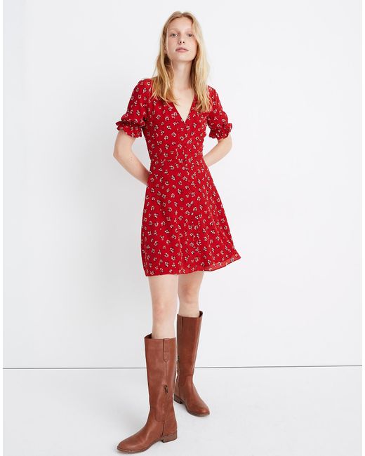 Madewell Red Petite Silk Ruffle-sleeve Button-front Dress In Little Lilies