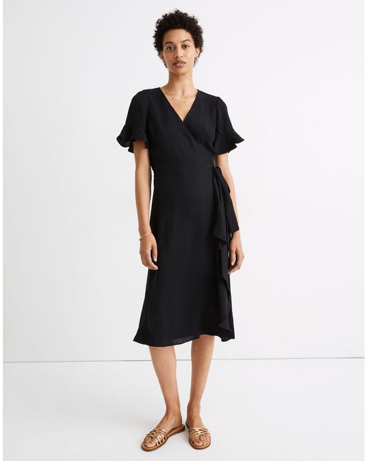 MW Black Ruffle-sleeve Wrap Dress