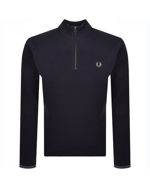 Fred Perry Blue Half Zip Waffle Knit Jumper for men