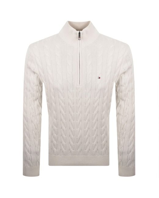 Tommy Hilfiger White Quarter Zip Cable Knit Jumper for men